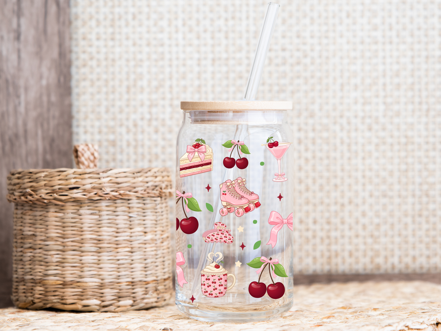 Cherry Coquette 16oz Glass Can Wrap PNG, Pink Bow Cherry Cup Wrap, Girly Aesthetic Libbey Design