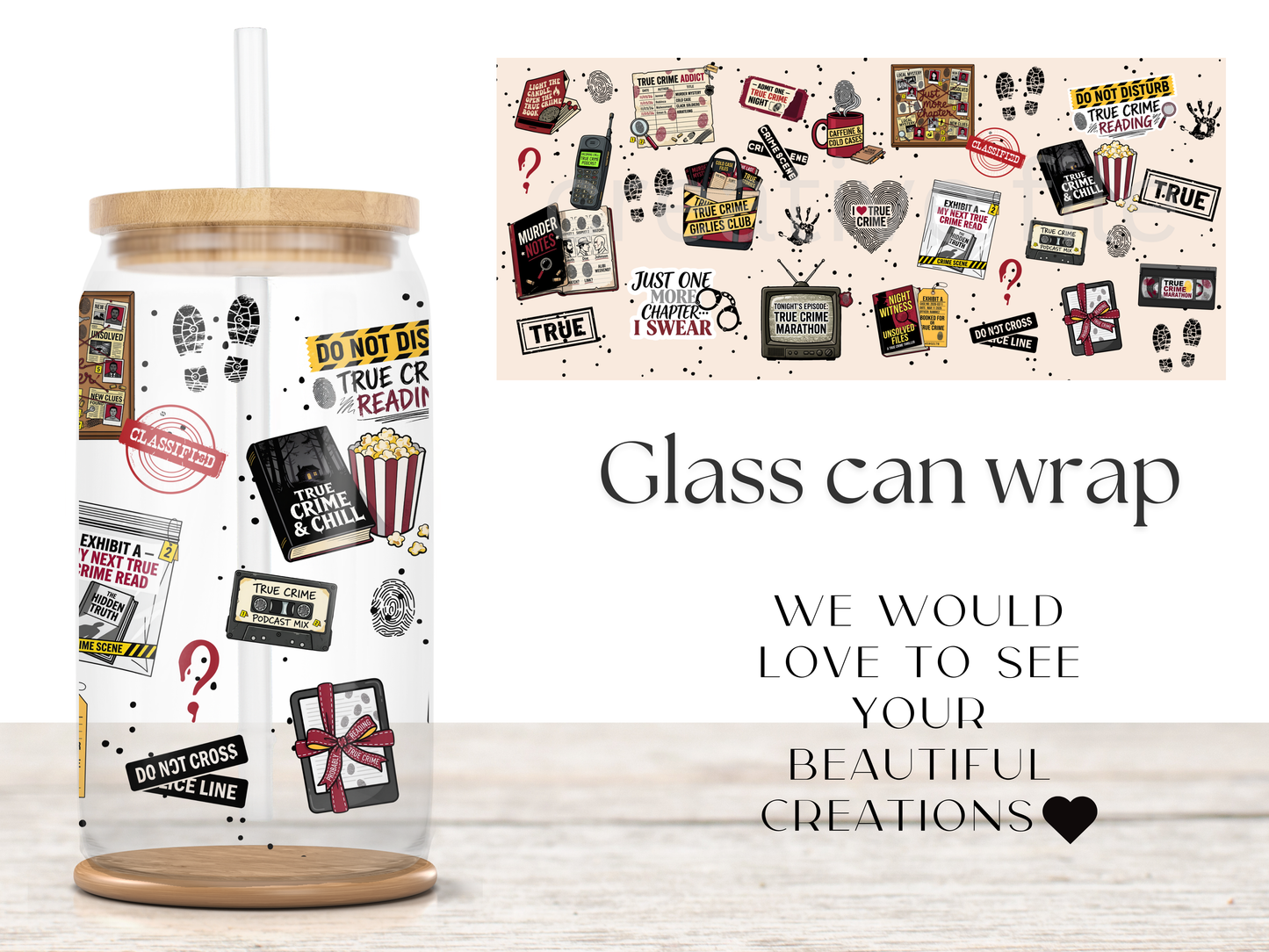 True Crime Reader 16oz Glass Can Wrap PNG, Murder Mystery Cup Wrap, Crime Book Libbey PNG