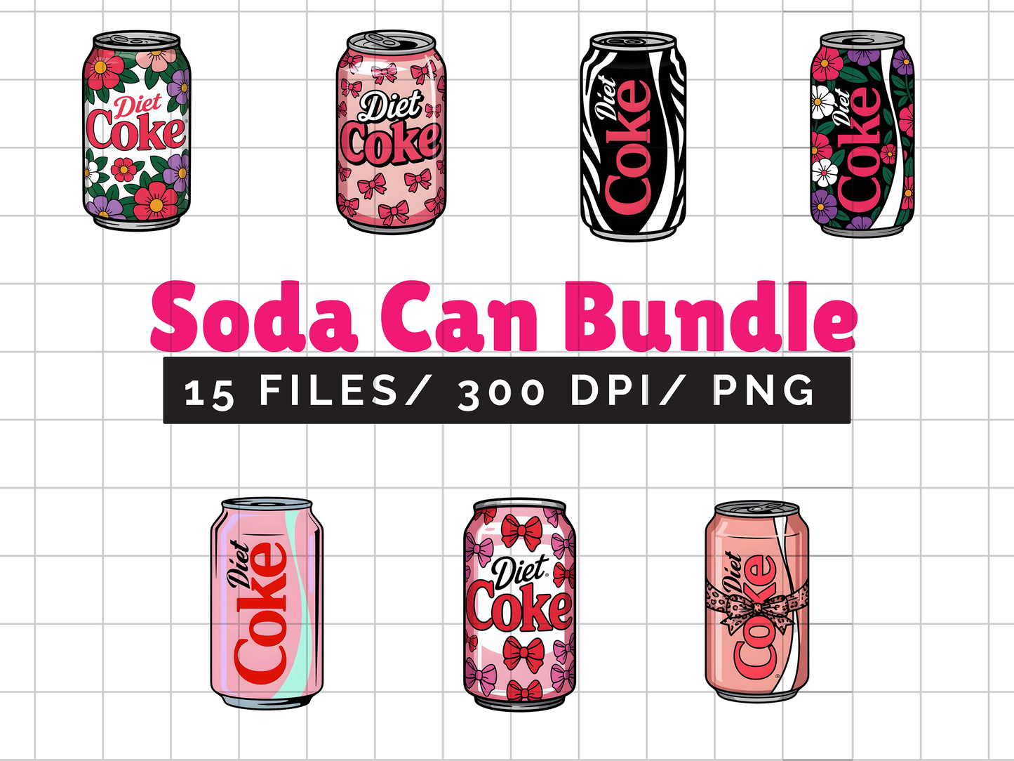 Retro Soda Can PNG Clipart Bundle, Pink Floral Drink Sticker Graphics