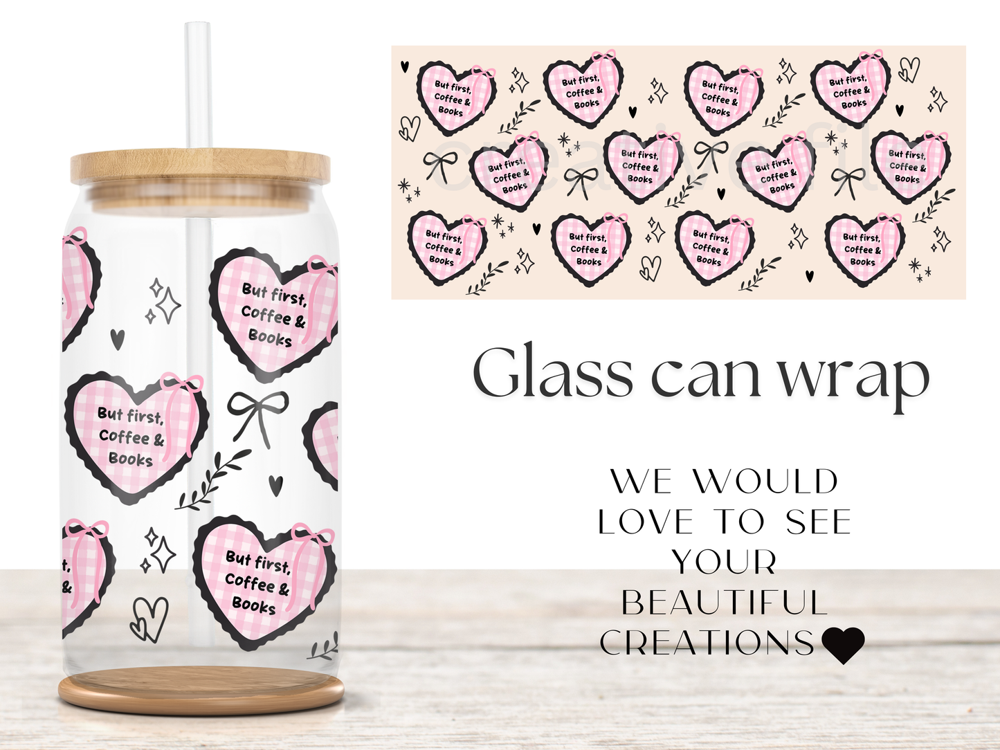 But First Coffee & Books Glass Can Wrap PNG, Girly Bookish Cup Wrap, Reader PNG