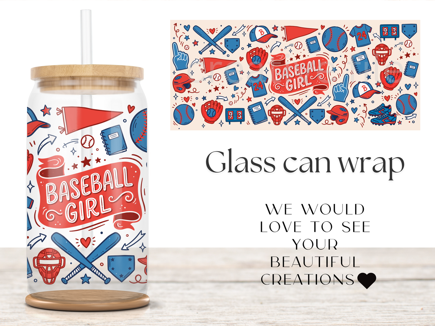 Baseball Girl Glass Can Wrap PNG, Softball Mom Cup Wrap, Red Blue Sports Libbey Design