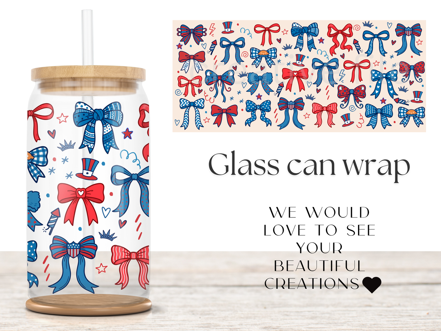 Patriotic Bow Glass Can Wrap PNG, Red White Blue Coquette Cup Wrap, USA Bow Libbey PNG