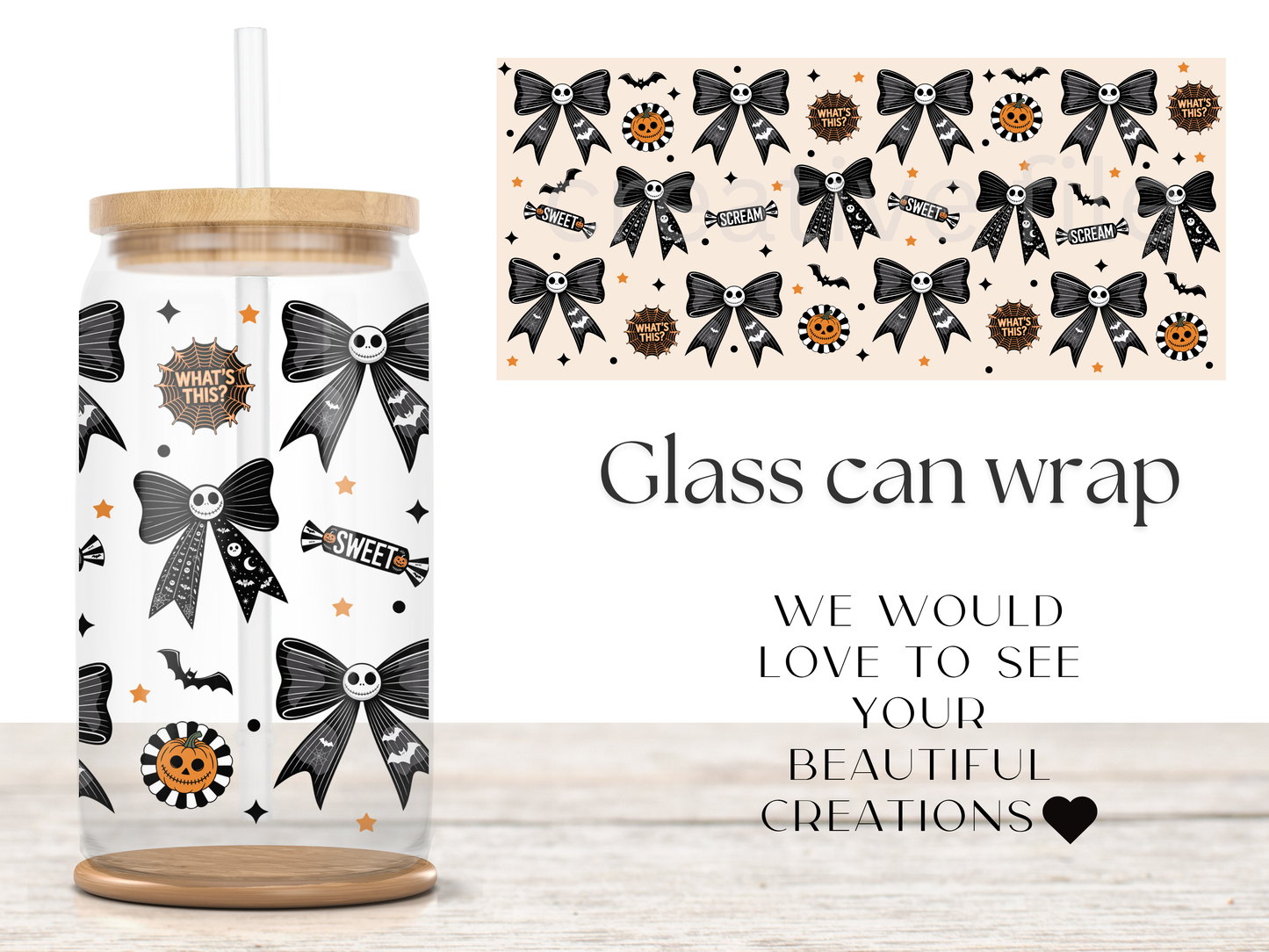 Skeleton Bow 16oz Glass Can Wrap PNG, Black Halloween Ribbon Cup Wrap, Gothic Coquette Libbey PNG