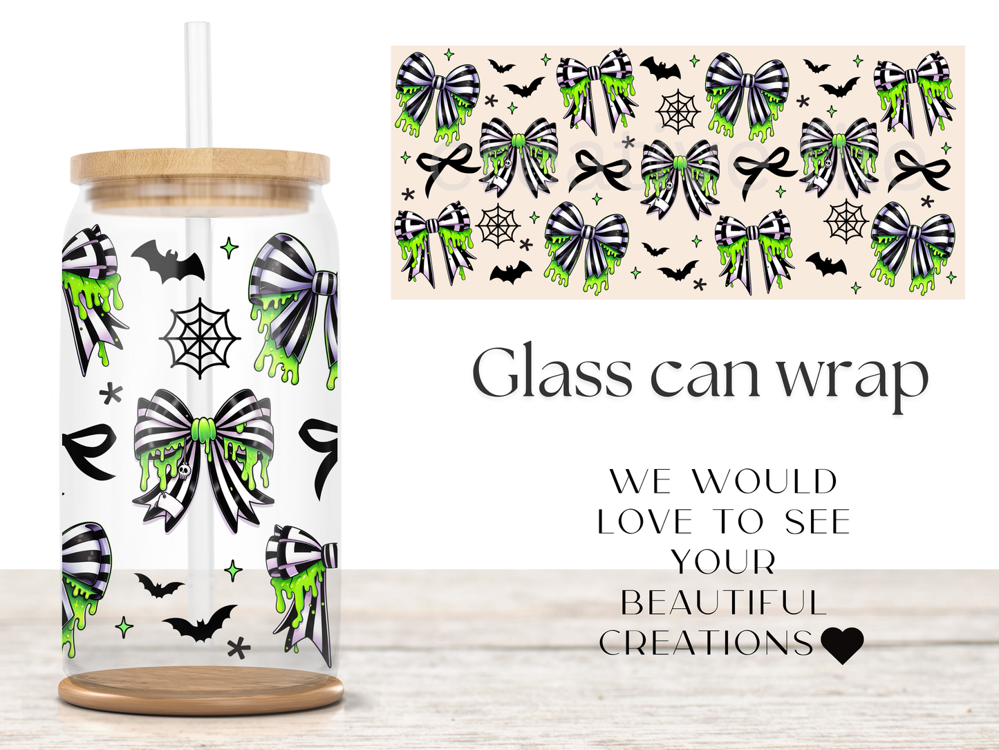Slime Stripe Bow 16oz Glass Can Wrap PNG, Green Gothic Halloween Cup Wrap, Spooky Ribbon PNG