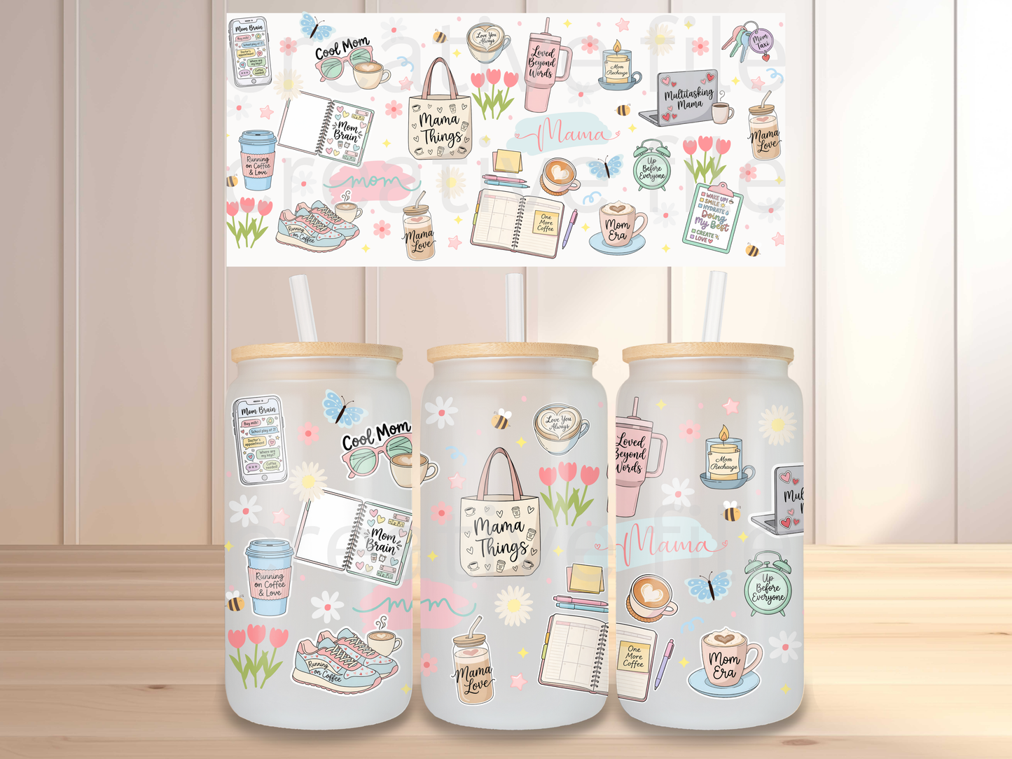 Mama Life Glass Can Wrap PNG, Mom Coffee Cup Wrap, Pastel Mama Libbey Design