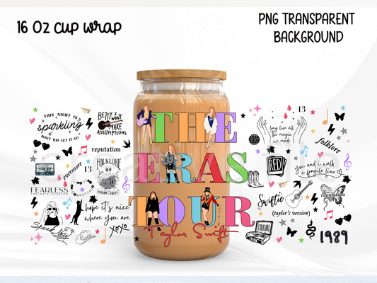 Eras Inspired 16oz Glass Can Wrap PNG, Pop Music Fan Cup Wrap design, Colorful Concert girly design