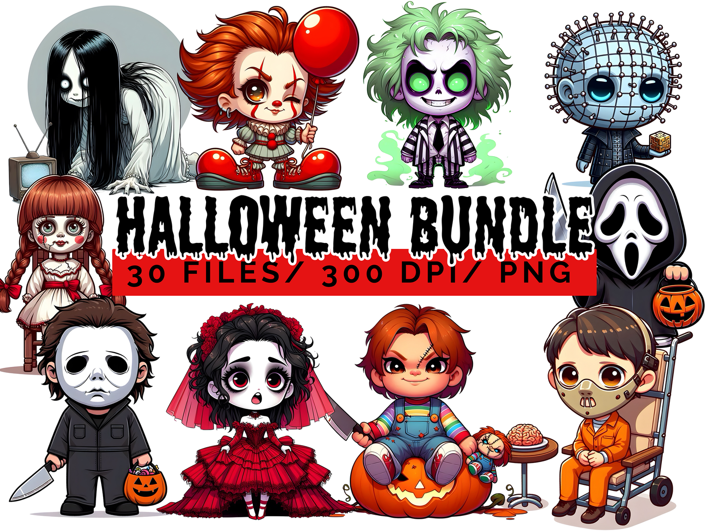 Horror Character PNG Clipart Bundle, Spooky Chibi Halloween Graphics
