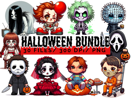 Horror Character PNG Clipart Bundle, Spooky Chibi Halloween Graphics