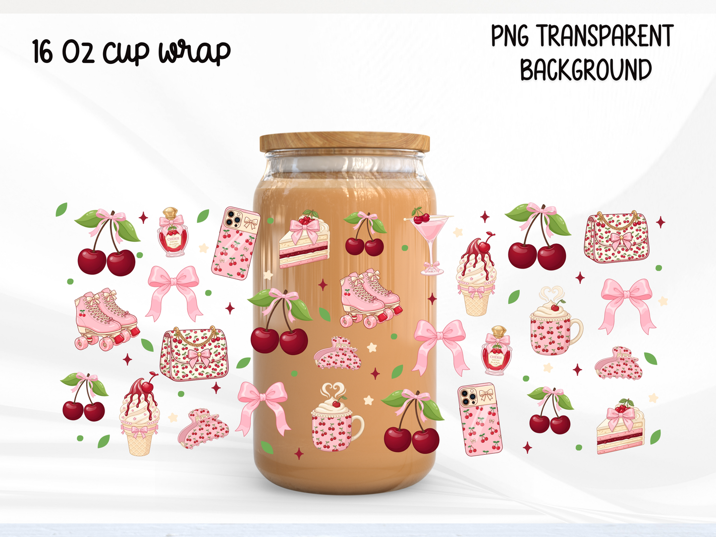 Cherry Coquette 16oz Glass Can Wrap PNG, Pink Bow Cherry Cup Wrap, Girly Aesthetic Libbey Design