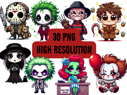 Horror Character PNG Clipart Bundle, Spooky Chibi Halloween Graphics