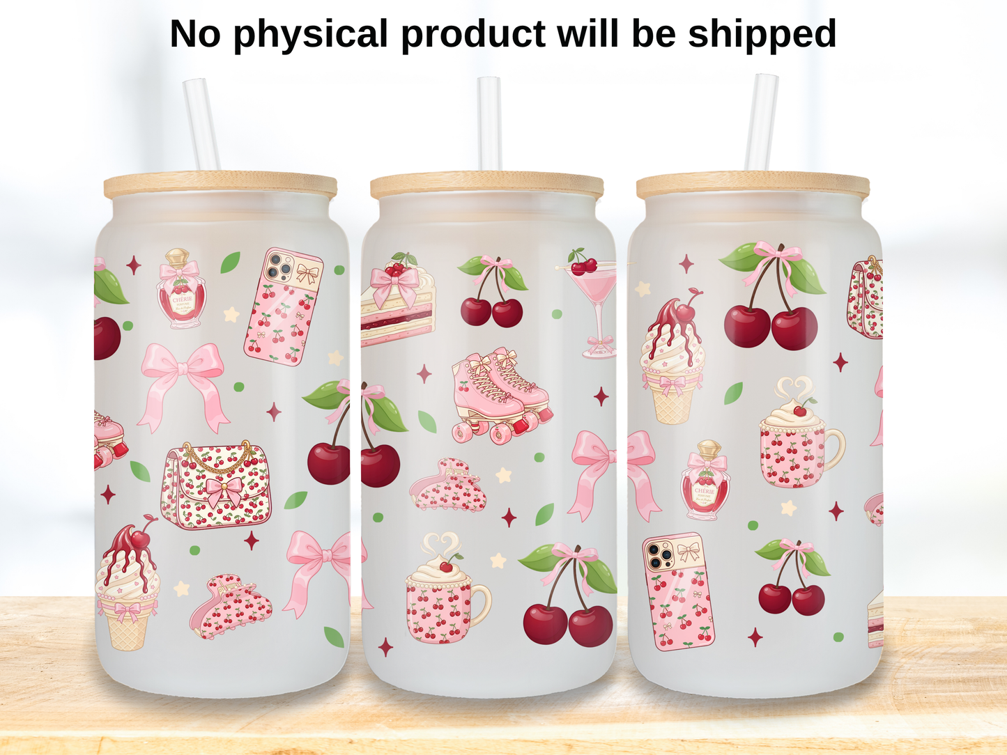 Cherry Coquette 16oz Glass Can Wrap PNG, Pink Bow Cherry Cup Wrap, Girly Aesthetic Libbey Design