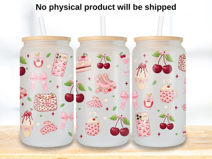 Cherry Coquette 16oz Glass Can Wrap PNG, Pink Bow Cherry Cup Wrap, Girly Aesthetic Libbey Design