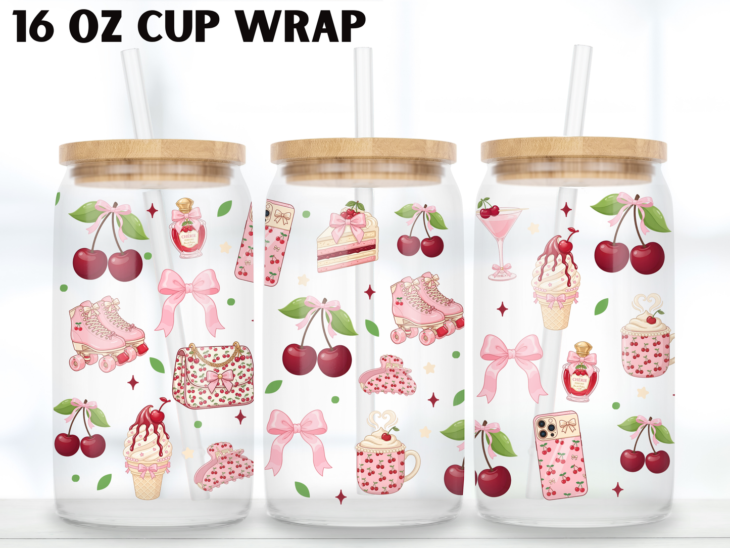 Cherry Coquette 16oz Glass Can Wrap PNG, Pink Bow Cherry Cup Wrap, Girly Aesthetic Libbey Design