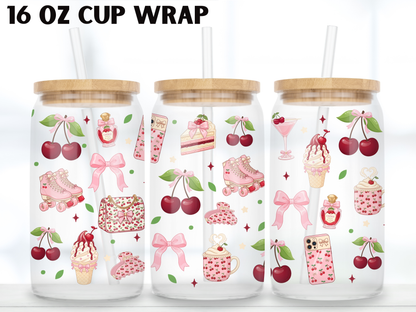 Cherry Coquette 16oz Glass Can Wrap PNG, Pink Bow Cherry Cup Wrap, Girly Aesthetic Libbey Design