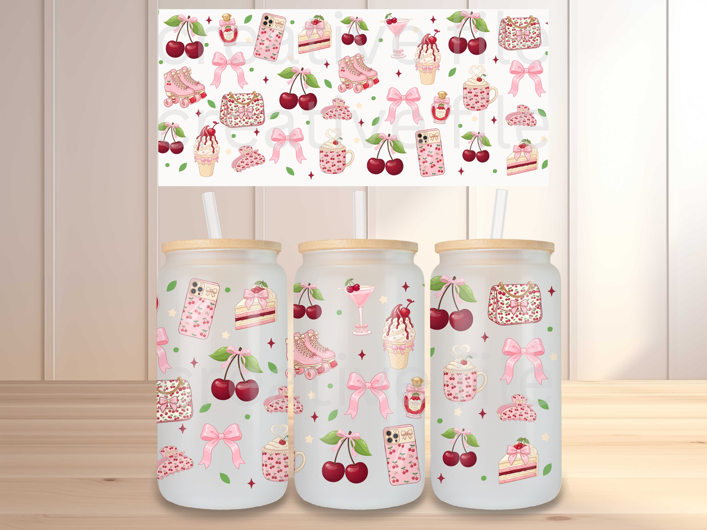 Cherry Coquette 16oz Glass Can Wrap PNG, Pink Bow Cherry Cup Wrap, Girly Aesthetic Libbey Design