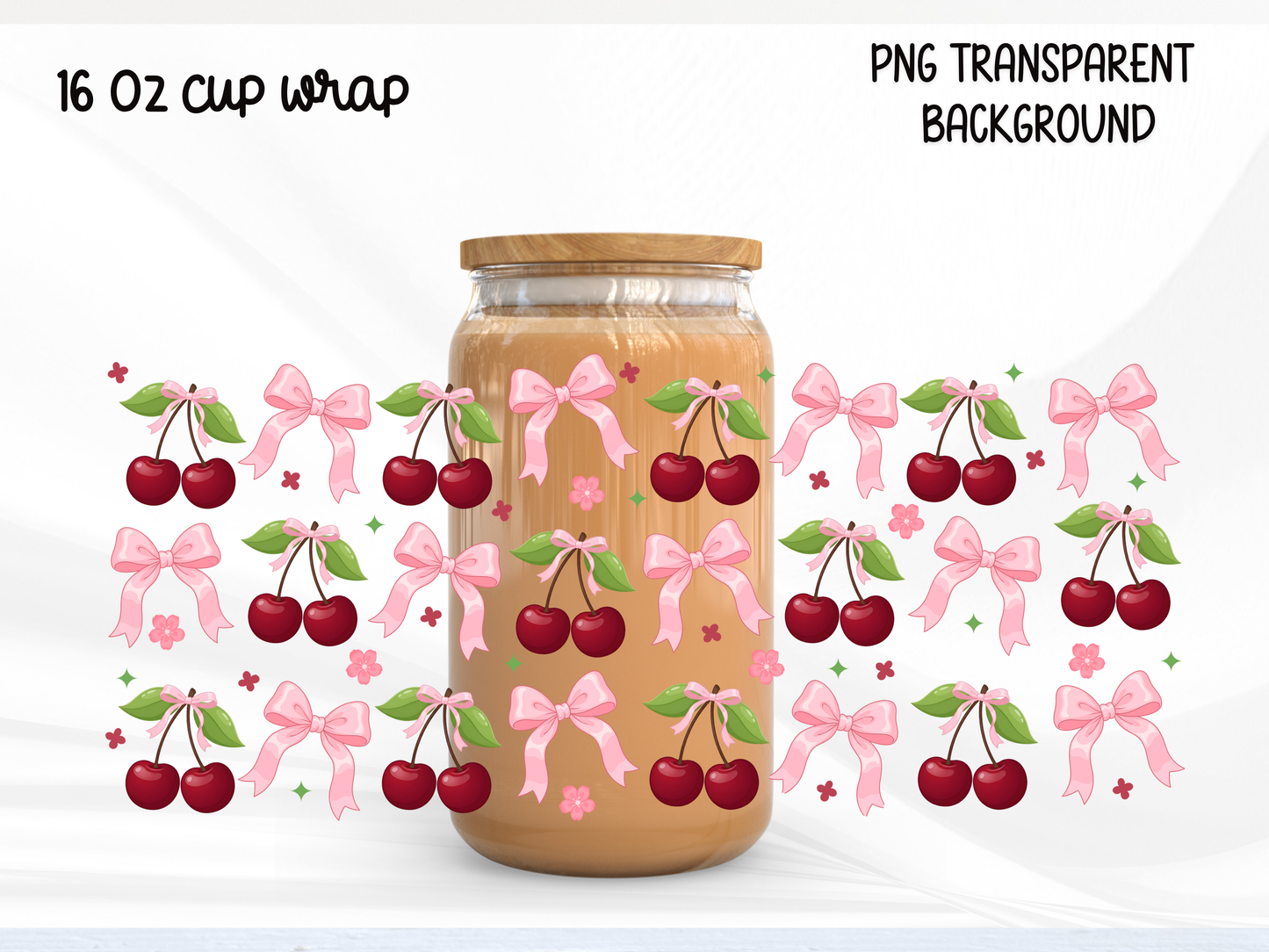 Cherry Bow 16oz Glass Can Wrap PNG, Pink Coquette Cherry Cup Wrap, Simple Girly Libbey Design