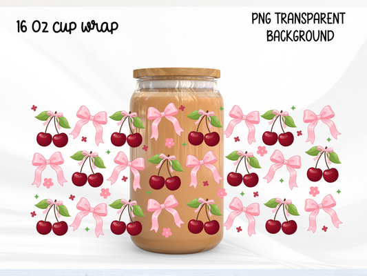 Cherry Bow 16oz Glass Can Wrap PNG, Pink Coquette Cherry Cup Wrap, Simple Girly Libbey Design