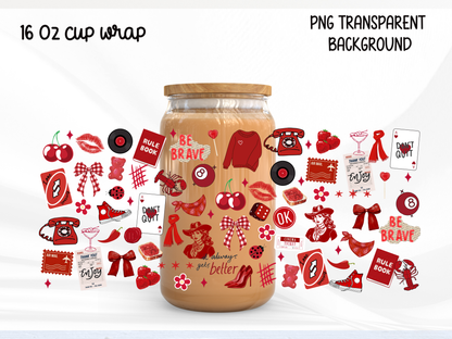 Preppy Girl Pop Collage Glass Can Wrap PNG, Red Aesthetic Cup Wrap