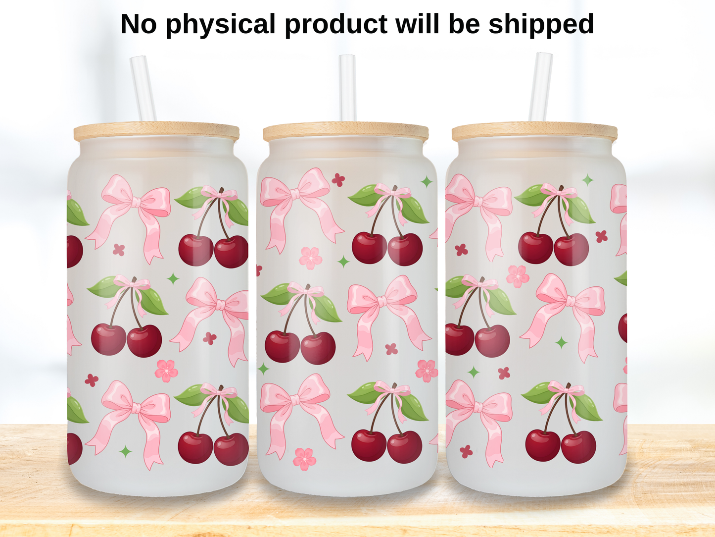 Cherry Bow 16oz Glass Can Wrap PNG, Pink Coquette Cherry Cup Wrap, Simple Girly Libbey Design