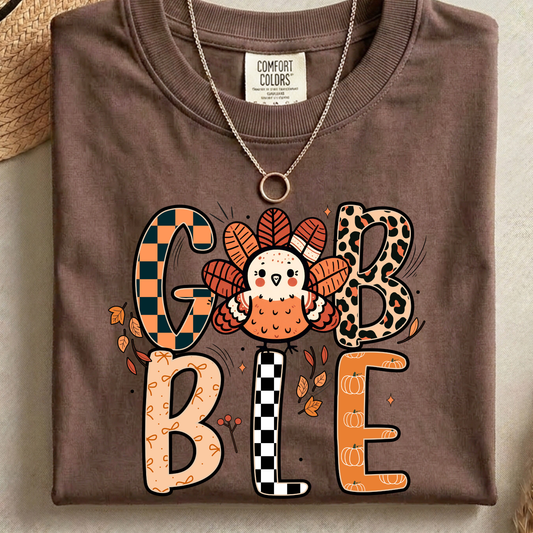 Gobble Turkey PNG, Cute Thanksgiving T-Shirt Design, Patterned Fall Sublimation Graphic