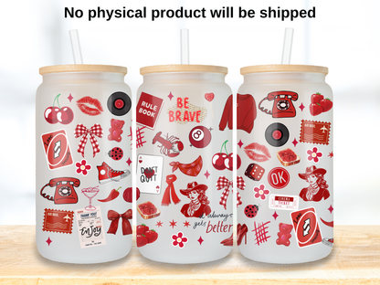 Preppy Girl Pop Collage Glass Can Wrap PNG, Red Aesthetic Cup Wrap