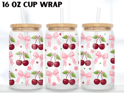 Cherry Bow 16oz Glass Can Wrap PNG, Pink Coquette Cherry Cup Wrap, Simple Girly Libbey Design