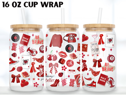 Preppy Girl Pop Collage Glass Can Wrap PNG, Red Aesthetic Cup Wrap