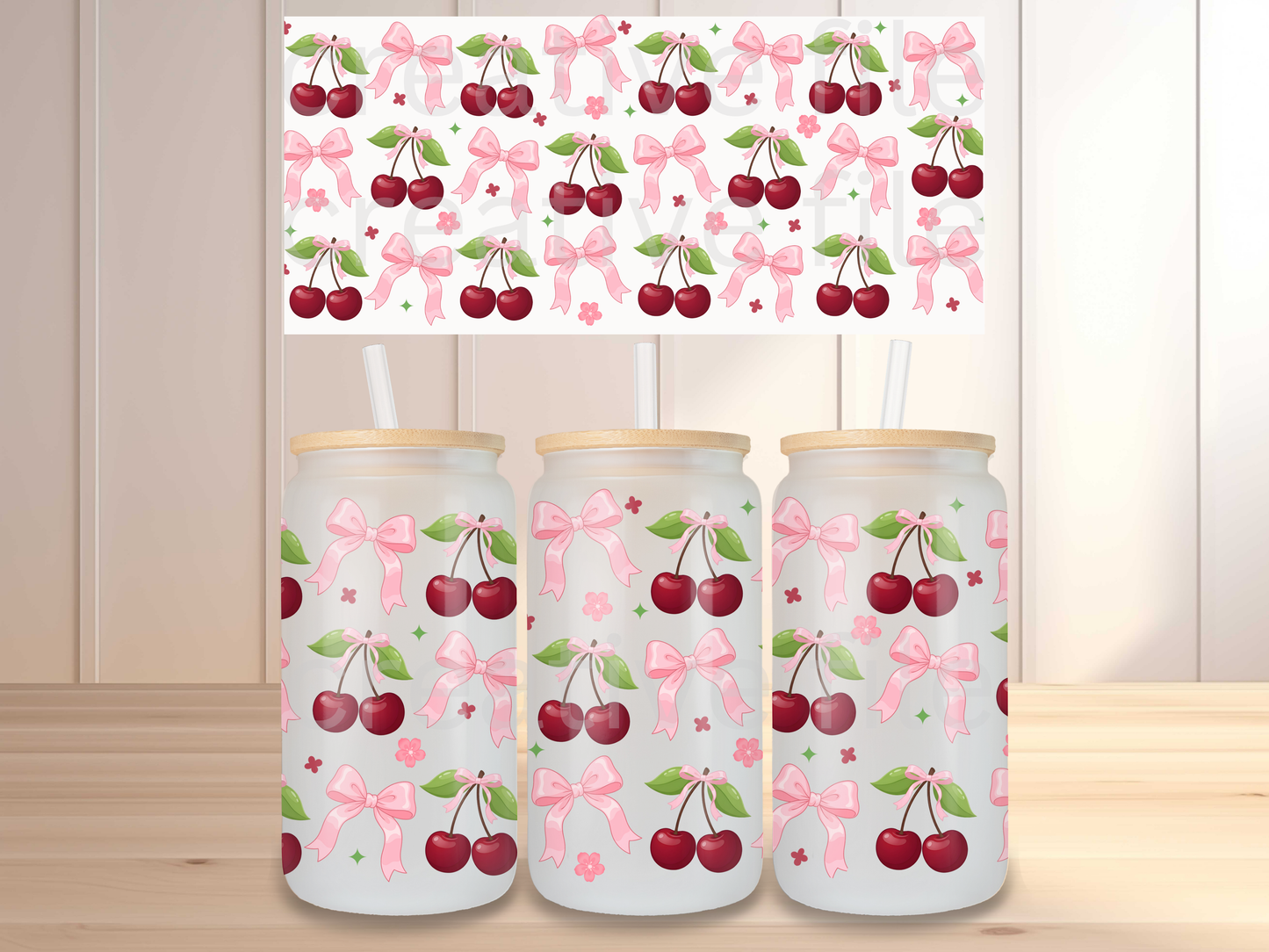 Cherry Bow 16oz Glass Can Wrap PNG, Pink Coquette Cherry Cup Wrap, Simple Girly Libbey Design
