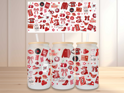 Preppy Girl Pop Collage Glass Can Wrap PNG, Red Aesthetic Cup Wrap