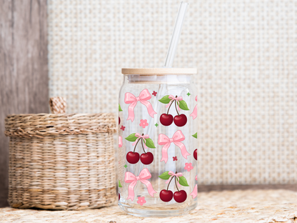 Cherry Bow 16oz Glass Can Wrap PNG, Pink Coquette Cherry Cup Wrap, Simple Girly Libbey Design