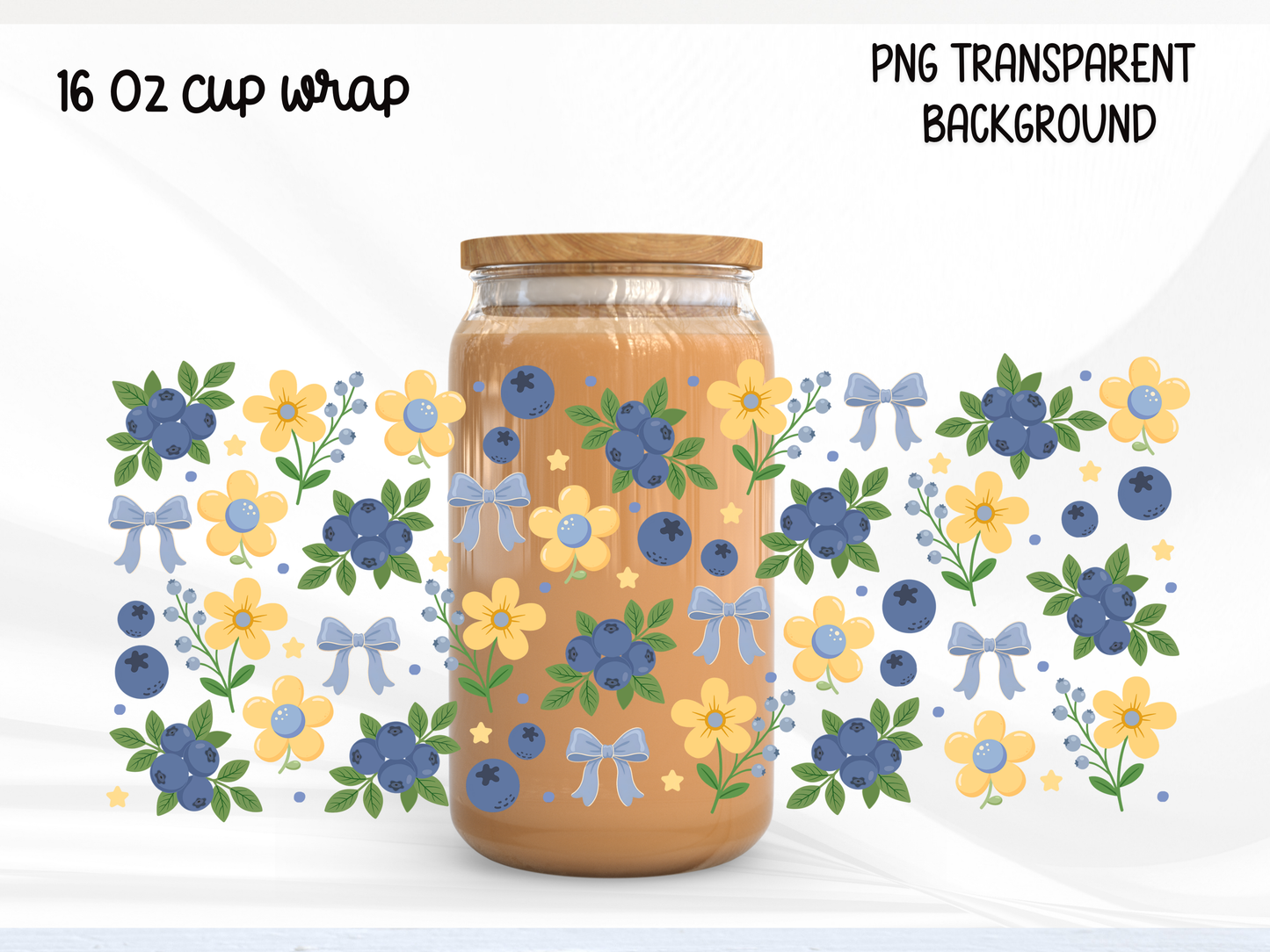 Blueberry Floral 16oz Glass Can Wrap PNG, Blue Bow Berry Cup Wrap, Summer Libbey Design