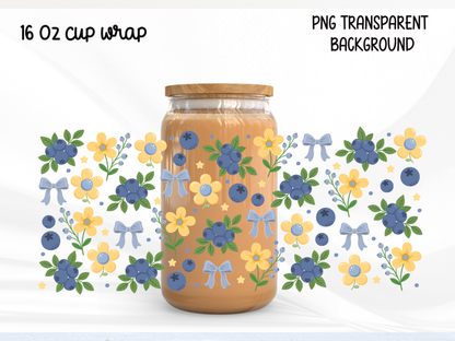 Blueberry Floral 16oz Glass Can Wrap PNG, Blue Bow Berry Cup Wrap, Summer Libbey Design