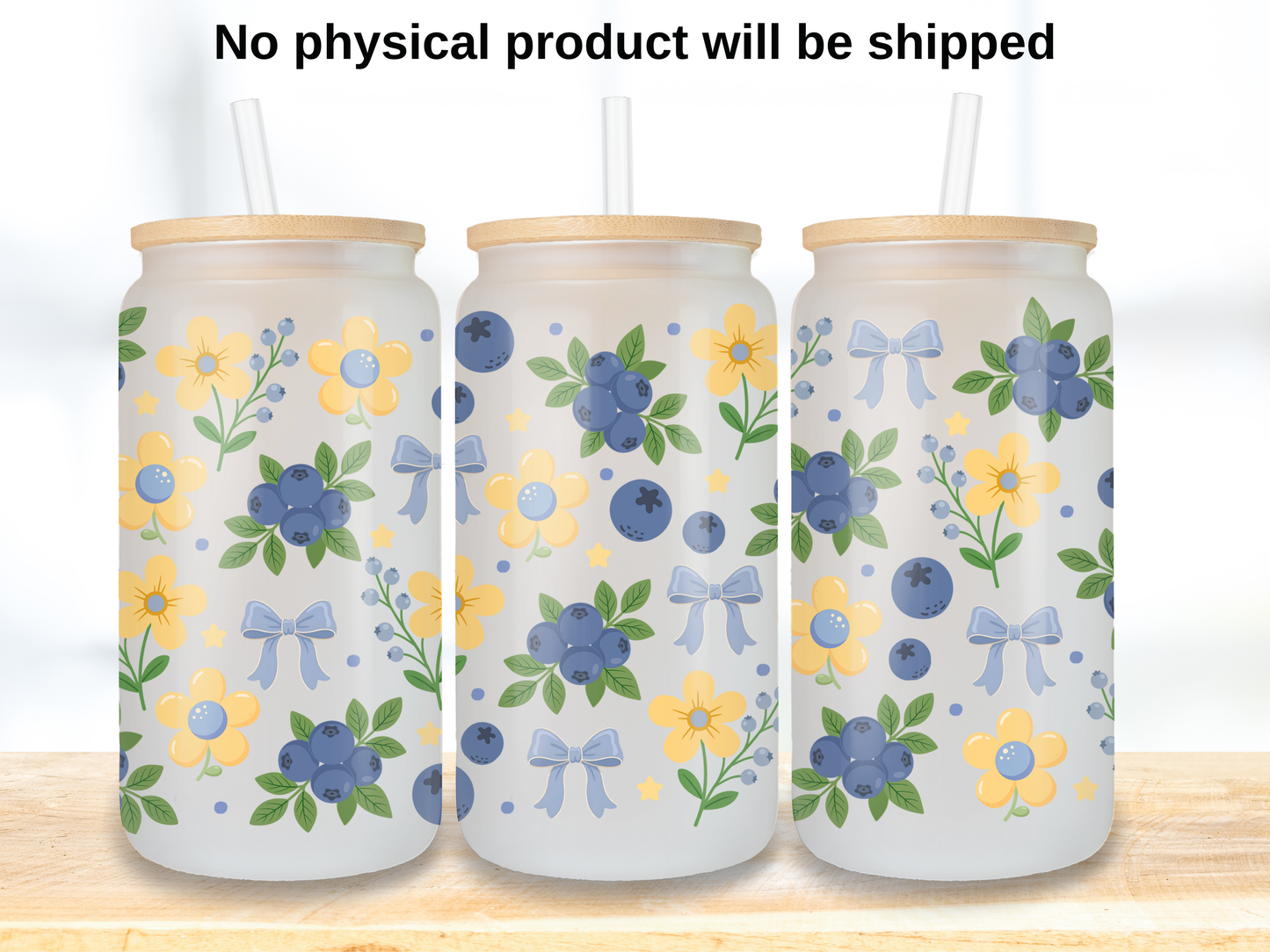 Blueberry Floral 16oz Glass Can Wrap PNG, Blue Bow Berry Cup Wrap, Summer Libbey Design