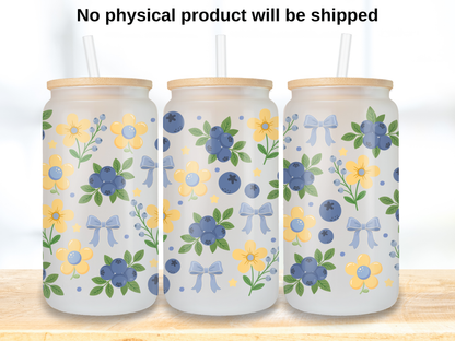 Blueberry Floral 16oz Glass Can Wrap PNG, Blue Bow Berry Cup Wrap, Summer Libbey Design
