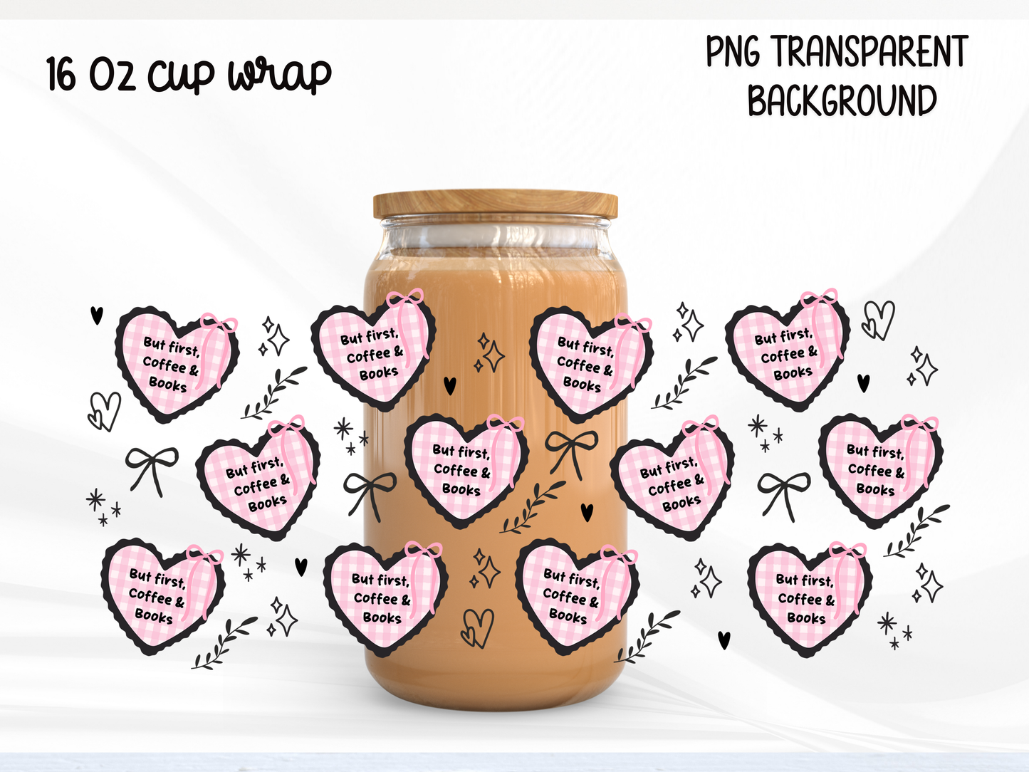 But First Coffee & Books Glass Can Wrap PNG, Girly Bookish Cup Wrap, Reader PNG