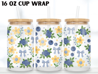 Blueberry Floral 16oz Glass Can Wrap PNG, Blue Bow Berry Cup Wrap, Summer Libbey Design