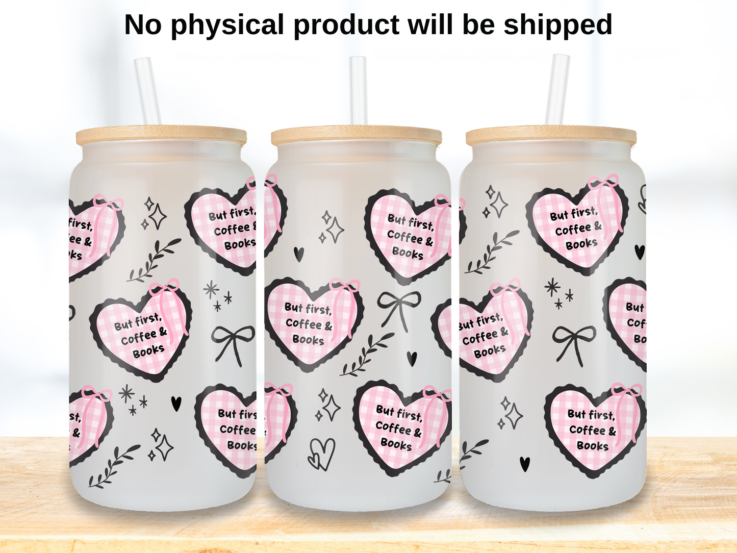 But First Coffee & Books Glass Can Wrap PNG, Girly Bookish Cup Wrap, Reader PNG