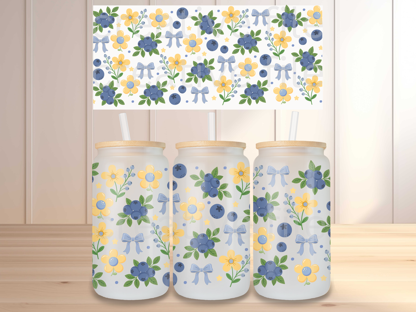 Blueberry Floral 16oz Glass Can Wrap PNG, Blue Bow Berry Cup Wrap, Summer Libbey Design