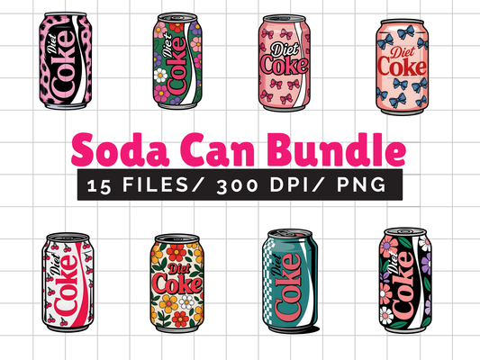 Retro Soda Can PNG Clipart Bundle, Pink Floral Drink Sticker Graphics