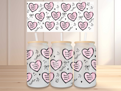 But First Coffee & Books Glass Can Wrap PNG, Girly Bookish Cup Wrap, Reader PNG