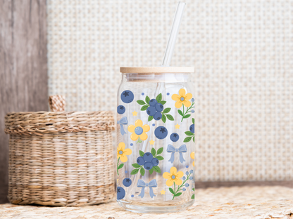 Blueberry Floral 16oz Glass Can Wrap PNG, Blue Bow Berry Cup Wrap, Summer Libbey Design