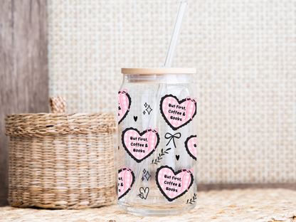 But First Coffee & Books Glass Can Wrap PNG, Girly Bookish Cup Wrap, Reader PNG