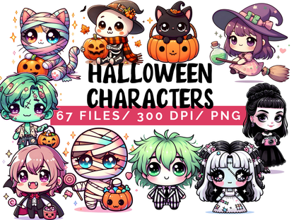Cute Halloween Characters PNG Bundle, Kawaii Spooky Clipart Graphics