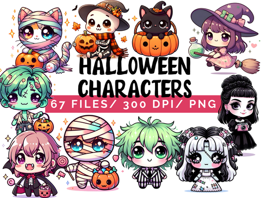 Cute Halloween Characters PNG Bundle, Kawaii Spooky Clipart Graphics