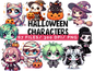 Cute Halloween Characters PNG Bundle, Kawaii Spooky Clipart Graphics