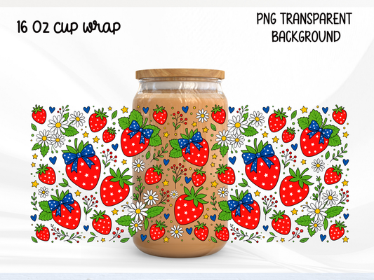 Patriotic Strawberry 16oz Glass Can Wrap PNG, Red White Blue Berry Cup Wrap, Summer Libbey PNG