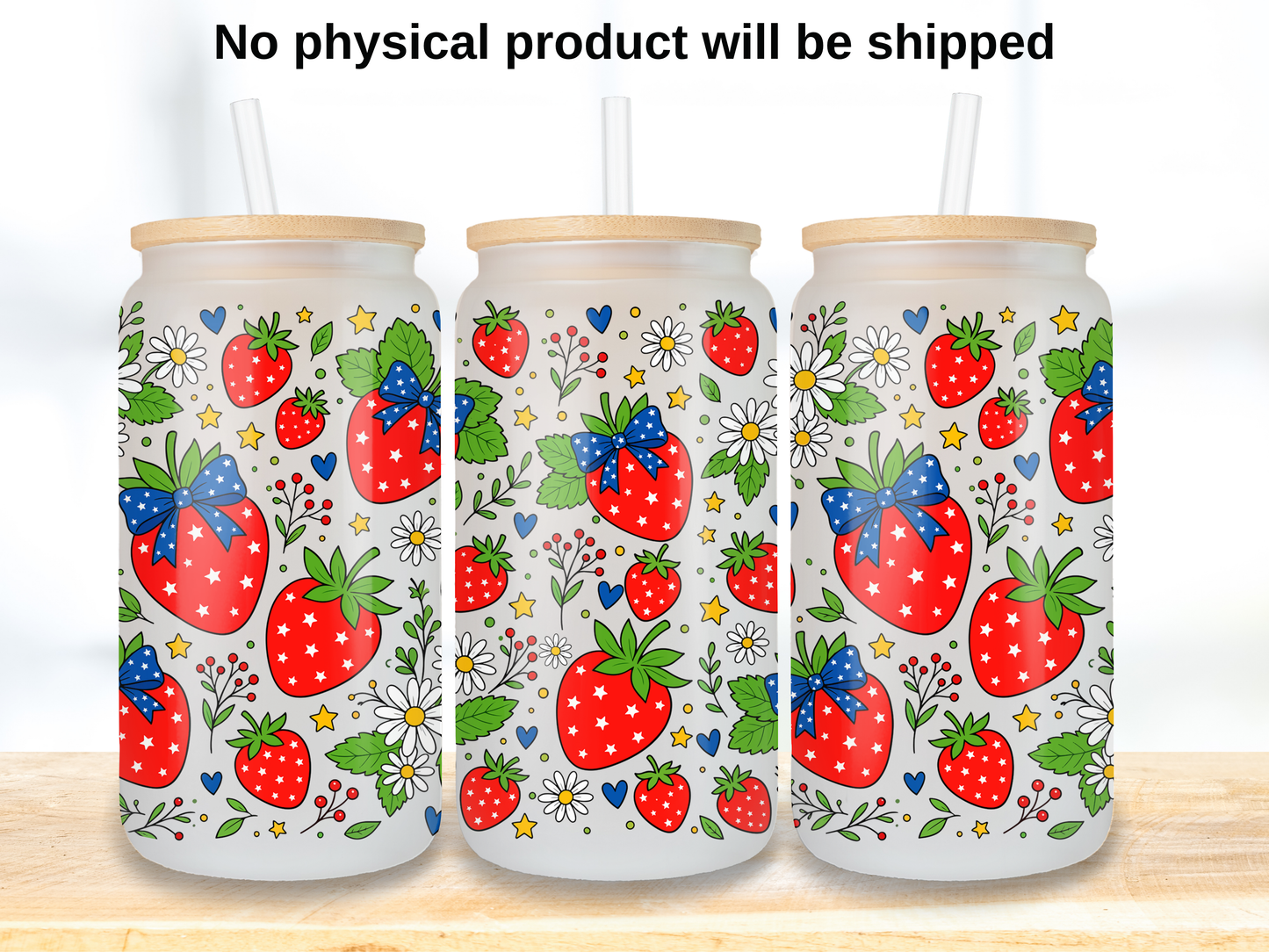 Patriotic Strawberry 16oz Glass Can Wrap PNG, Red White Blue Berry Cup Wrap, Summer Libbey PNG