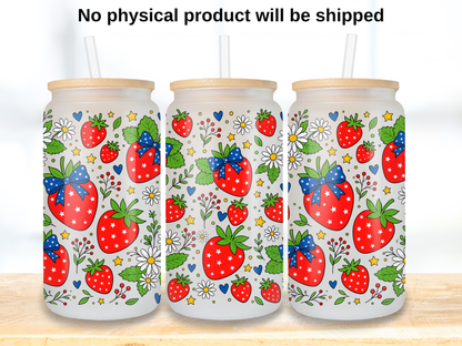 Patriotic Strawberry 16oz Glass Can Wrap PNG, Red White Blue Berry Cup Wrap, Summer Libbey PNG