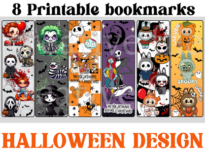 Printable Halloween Bookmarks Bundle, Cute Horror Bookmark Set