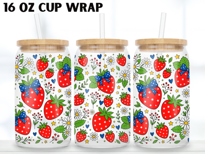 Patriotic Strawberry 16oz Glass Can Wrap PNG, Red White Blue Berry Cup Wrap, Summer Libbey PNG